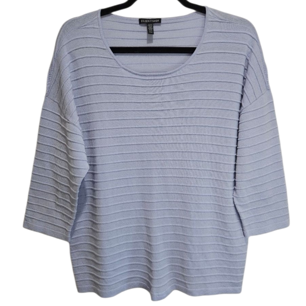 Eileen Fisher Women's Medium Blue Purple Ribbed Sweater 3/4 Sleeve Top Blouse